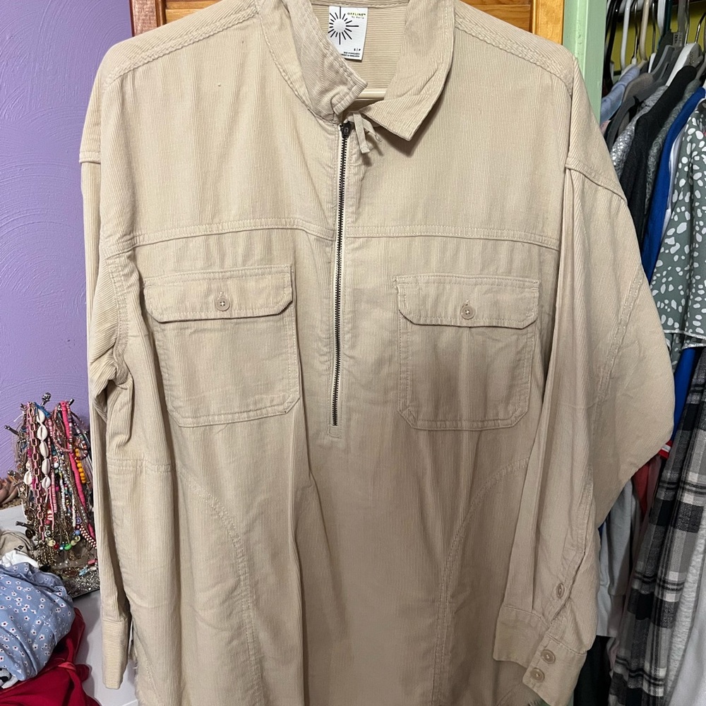 Aerie Offline Corduroy Quarter Zip Shacket Light Tan Pocket Shirt Top Small